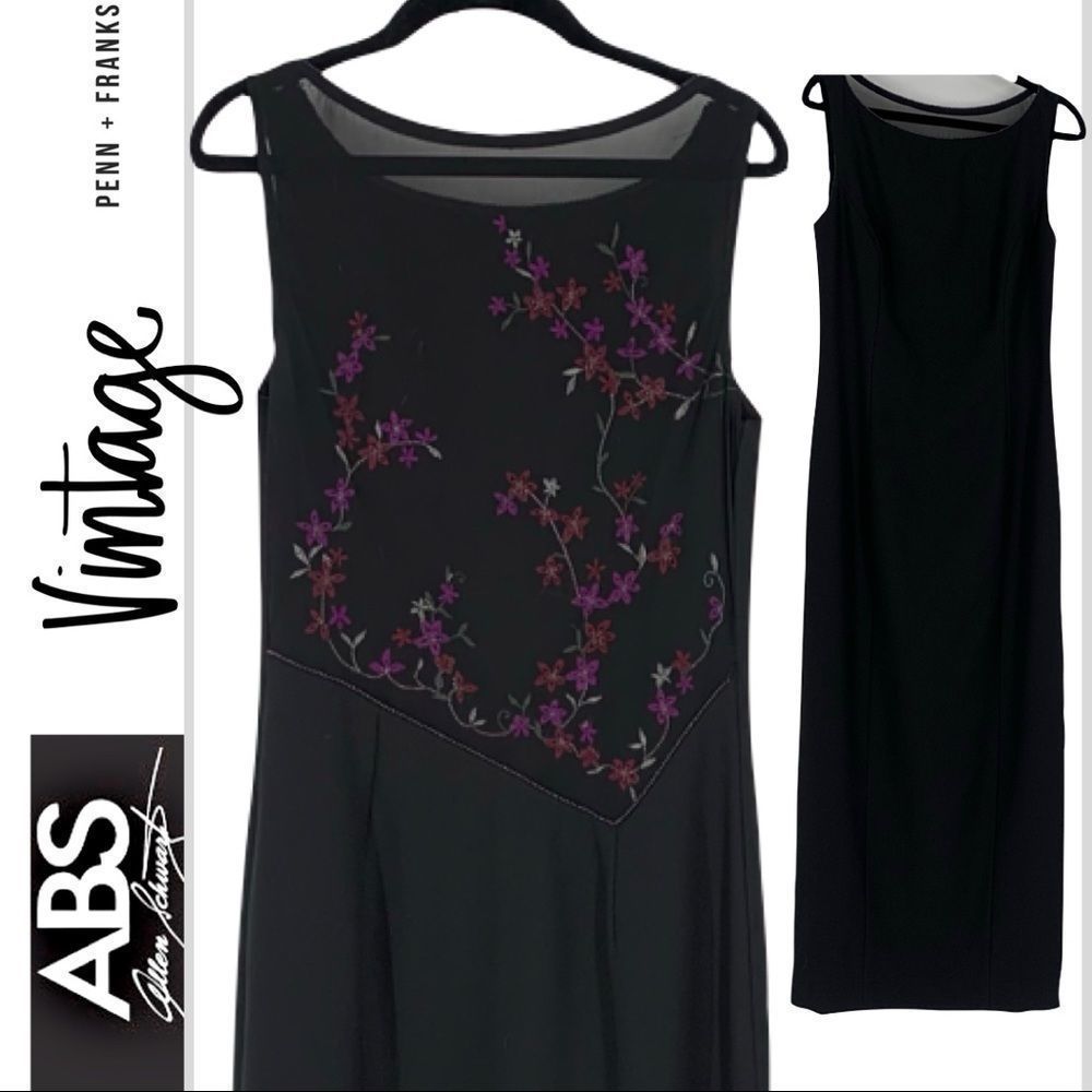 Vintage ABS Allen Schwartz Black Long Dress with Embroidered Detail Back Size 6